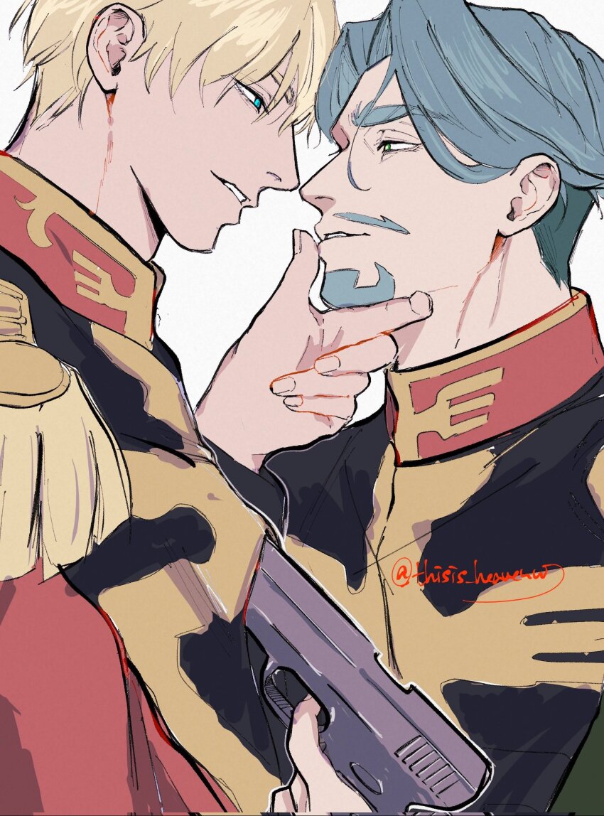 2boys aiming artist_name beard blonde_hair blue_eyes challia_bull char_aznable commentary_request epaulettes facial_hair green_eyes green_hair gun gundam gundam_gquuuuuux handgun high_collar highres holding holding_gun holding_weapon jacket long_sleeves male_focus military_jacket military_uniform multiple_boys mustache open_mouth short_hair simple_background smile thisis_heavenw7 twitter_username upper_body weapon white_background yaoi