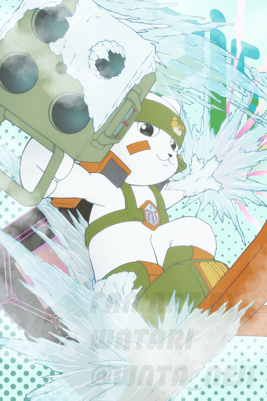 1boy absurdres bear chackmon d-scanner digimon digimon_(creature) digimon_frontier full_body highres holding holding_weapon ice male_focus missing_commentary rocket_launcher snowboard solo wata_neji weapon