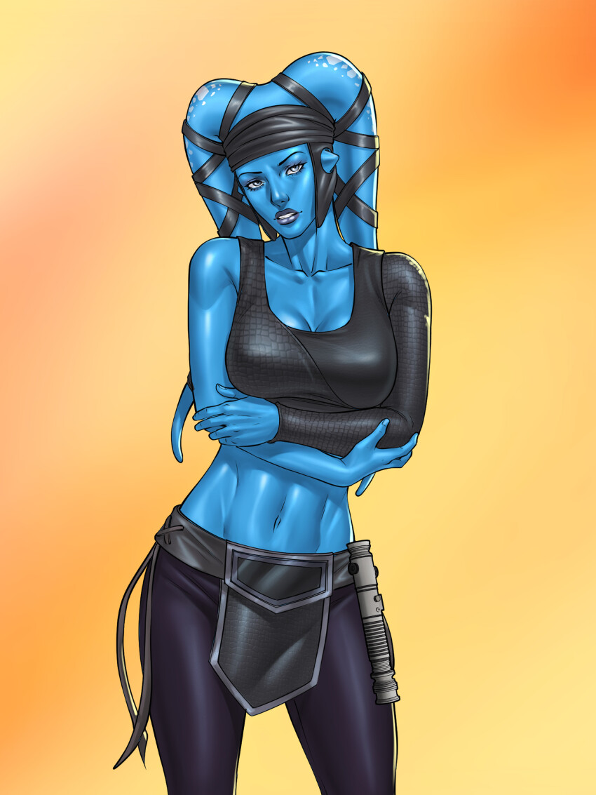 1girl aayla_secura absurdres alien black_bra black_pants black_sleeves blue_eyes blue_skin bra breasts cleavage colored_skin crossed_arms gradient_background highres invictarex looking_at_viewer navel orange_background pants single_sleeve solo star_wars twi&#039;lek underwear