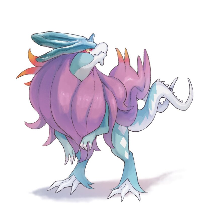 claws closed_mouth colored_sclera commentary_request full_body looking_up mozu_(teluto) nintendo no_humans pokemon pokemon_(creature) pokemon_focus red_eyes solo standing walking_wake white_background yellow_sclera