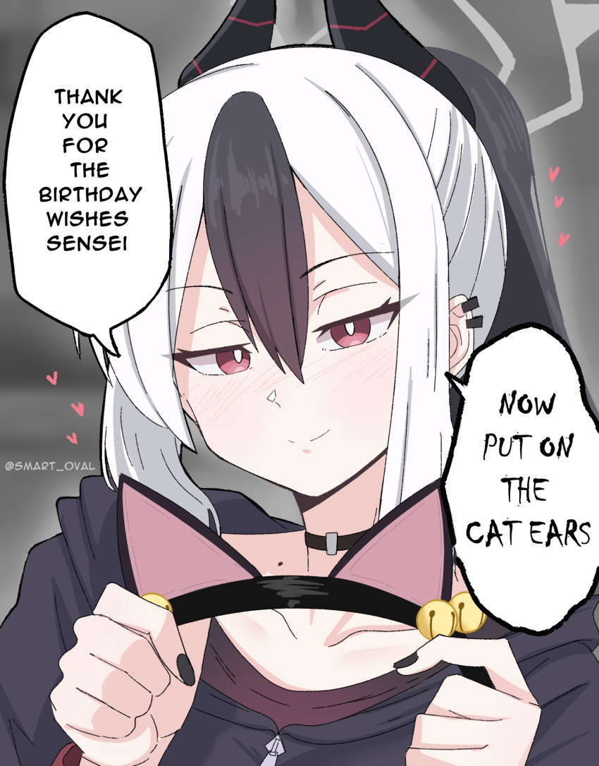 1girl animal_ear_hairband animal_ears black_hair black_nails blue_archive blush cat_ear_hairband cat_ears english_text fake_animal_ears hairband halo highres holding_hairband horns kayoko_(blue_archive) looking_at_viewer portrait red_eyes smart_oval smile solo speech_bubble twitter_username white_hair