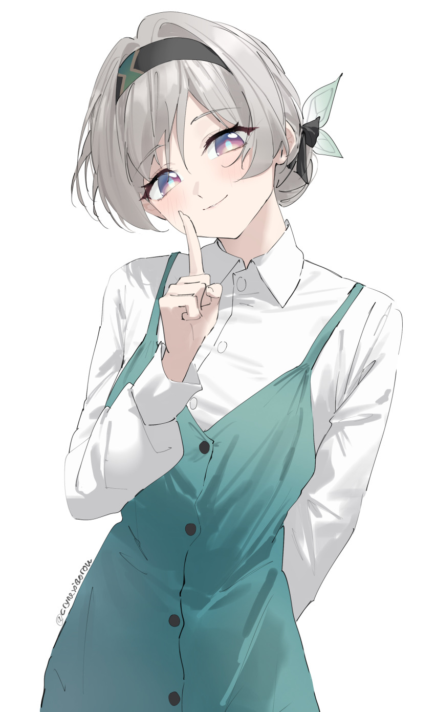 1girl absurdres alternate_costume alternate_hairstyle aqua_pupils arm_behind_back black_bow black_hairband blue_eyes bow closed_mouth collared_shirt commentary cowboy_shot cryne dress firefly_(honkai:_star_rail) green_dress hair_bow hair_bun hair_intakes hair_up hairband hand_up head_tilt highres honkai:_star_rail honkai_(series) index_finger_raised light_blush long_sleeves looking_at_viewer multicolored_eyes purple_eyes shirt shirt_under_dress simple_background smile solo twitter_username two-tone_eyes white_background white_shirt