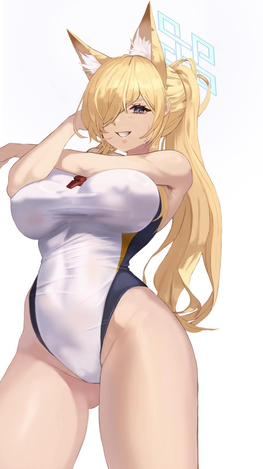 1girl animal_ear_fluff animal_ears bare_shoulders blonde_hair blue_archive blue_eyes blue_halo blush breasts competition_swimsuit covered_erect_nipples dog_ears dog_girl extra_ears gluteal_fold hair_over_one_eye halo highleg highleg_one-piece_swimsuit highres kanna_(blue_archive) kanna_(swimsuit)_(blue_archive) large_breasts long_hair looking_at_viewer notched_ear official_alternate_costume one-piece_swimsuit ponytail rbtmd22 sharp_teeth simple_background smile solo standing swimsuit teeth thighs very_long_hair whistle whistle_around_neck white_background white_one-piece_swimsuit