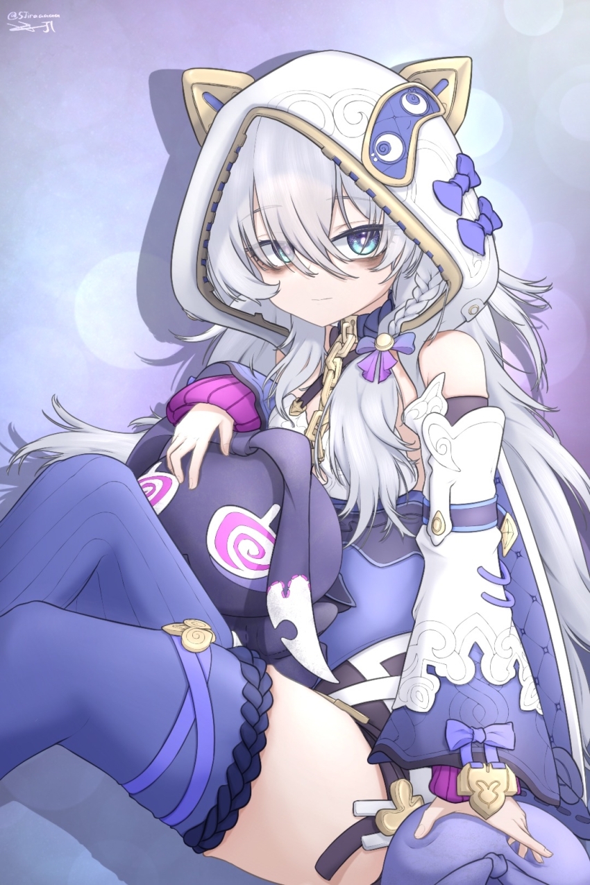 1girl animal_hood aqua_eyes artist_name bags_under_eyes bare_shoulders braid detached_sleeves highres honkai_(series) honkai_impact_3rd hood long_hair looking_at_viewer low_twintails pillow sitting sjiraaaaa smile solo stuffed_animal stuffed_toy theresa_apocalypse theresa_apocalypse_(schicksal&#039;s_imperative) thighhighs twintails very_long_hair white_hair
