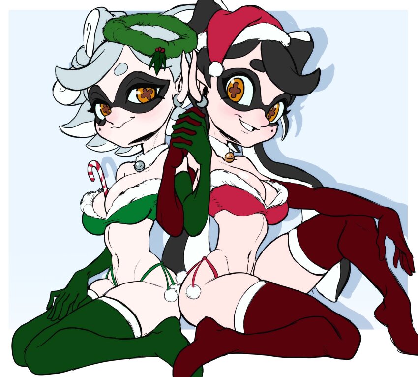 2girls back-to-back bell bikini black_hair breasts callie_(splatoon) candy candy_cane cephalopod_eyes choker cleavage cleft_of_venus food fur_trim hat highres holding_hands large_breasts lingerie looking_at_viewer marie_(splatoon) midriff multiple_girls navel nintendo pointy_ears santa_bikini santa_costume santa_hat side-tie_bikini_bottom simple_background sitting skindentation splatoon_(series) splatoon_1 squid_girl swimsuit teevo tentacle_hair thighhighs underwear white_hair wreath