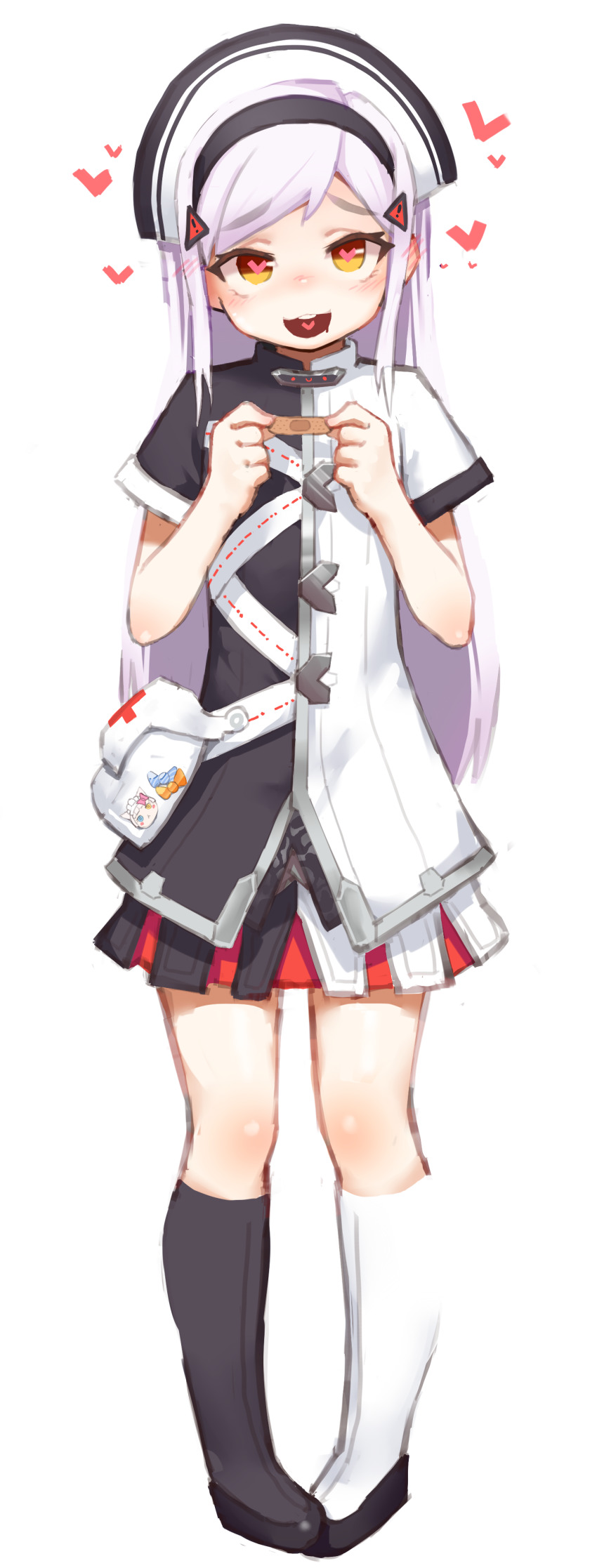 1girl absurdres aged_down bad_id bad_pixiv_id bandaid black_lilith black_lilith_(last_origin) blush boots female_focus flat_chest greentree hat heart highres last_origin looking_at_viewer silver_hair simple_background skirt solo swept_bangs white_background yellow_eyes