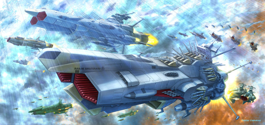 alien andromeda_(uchuu_senkan_yamato) commentary_request energy_cannon gamilas highres kinoshita_teitoku light_rays muzzle nebula no_humans official_style original radar_dish radio_antenna redesign science_fiction signature space spacecraft spoilers star_(symbol) star_symbol_background uchuu_senkan_yamato uchuu_senkan_yamato_2202:_ai_no_senshi-tachi uchuu_senkan_yamato_2205:_arata_naru_tabidachi vehicle_focus wave_motion_gun