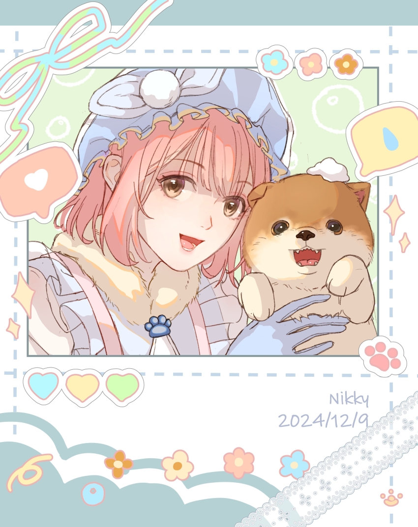1girl absurdres animal bare_shoulders blue_bow blue_flower blue_gloves blue_hat blue_shirt bow brooch brown_eyes bubble bye-bye_dust_(infinity_nikki) character_name chinese_commentary commentary_request dated dotted_line eyelashes floof_(infinity_nikki) flower frilled_headwear frilled_shirt frills fur_scarf gloves happy hat hat_bow heart highres holding holding_animal infinity_nikki jewelry kejianshui857 looking_at_viewer medium_hair mob_cap nikki_(nikki) nikki_(series) notebook orange_flower paw_print pink_flower pink_hair pom_pom_hat_ornament scarf shiba_inu shirt sleeveless sleeveless_shirt soap spoken_heart spoken_sweatdrop sweatdrop typo upper_body white_background white_flower yellow_scarf