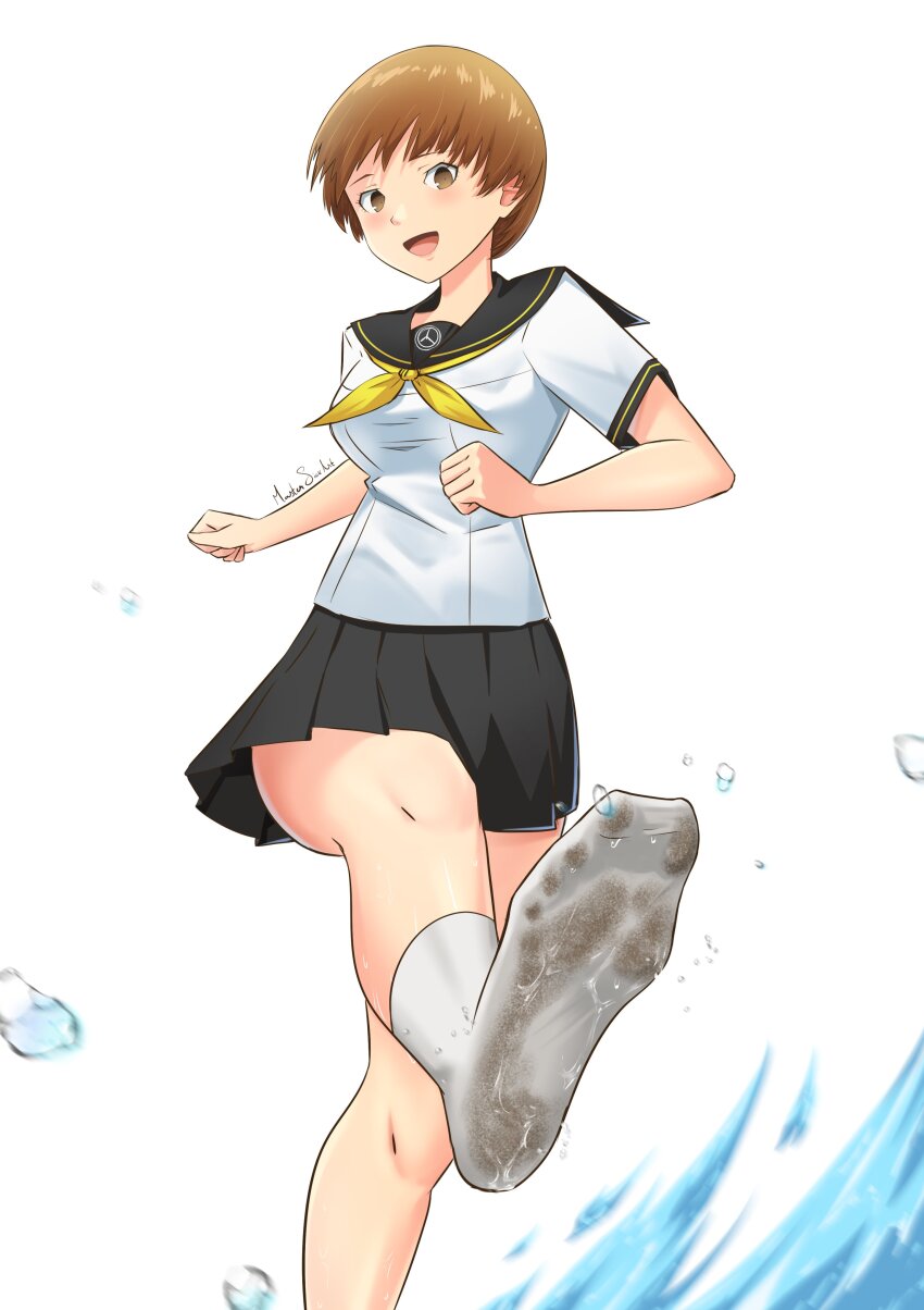 1girl :d absurdres artist_name bare_legs black_sailor_collar blush breasts brown_eyes brown_hair commentary dirty_legwear english_commentary feet foot_focus foot_out_of_frame highres kicking legs looking_at_viewer master_sick_art medium_breasts miniskirt neckerchief no_shoes open_mouth persona persona_4 pleated_skirt sailor_collar satonaka_chie school_uniform serafuku shirt short_hair short_sleeves signature simple_background skirt smile socks soles solo splashing toes white_background white_shirt white_socks yellow_neckerchief