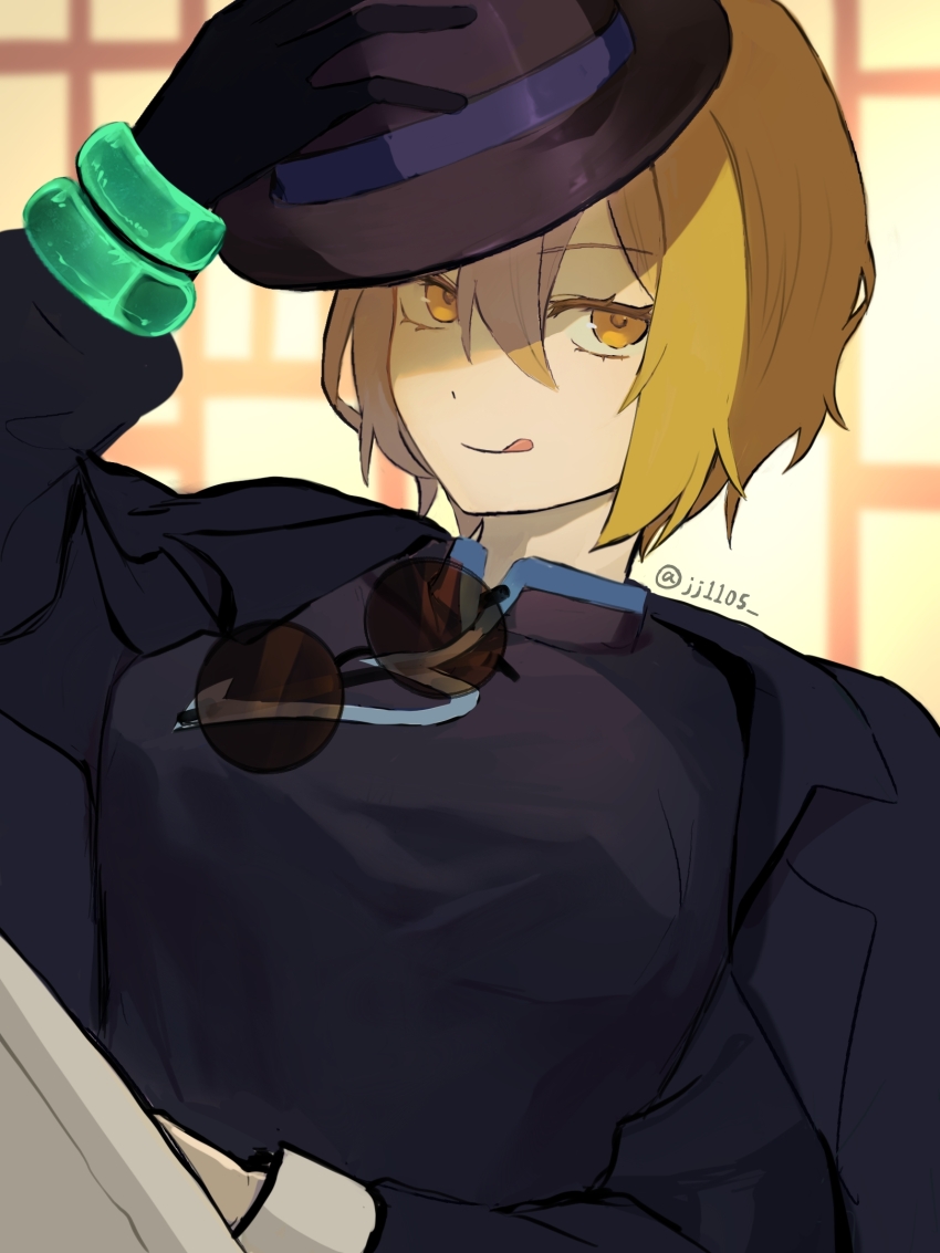 1girl :q black_coat black_dress black_gloves black_hat blonde_hair bracelet breasts china_dress chinese_clothes cinq_east_(identity)_(project_moon) coat coat_on_shoulders don_quixote_(project_moon) dress earrings gloves hat highres holding holding_unworn_clothes holding_unworn_hat jewelry jj1105 large_breasts licking_lips limbus_company long_sleeves looking_at_viewer open_mouth partially_opaque_sunglasses project_moon round_eyewear short_hair single_earring single_glove smile solo sunglasses tilted_headwear tongue tongue_out twitter_username unworn_hat unworn_headwear yellow_eyes