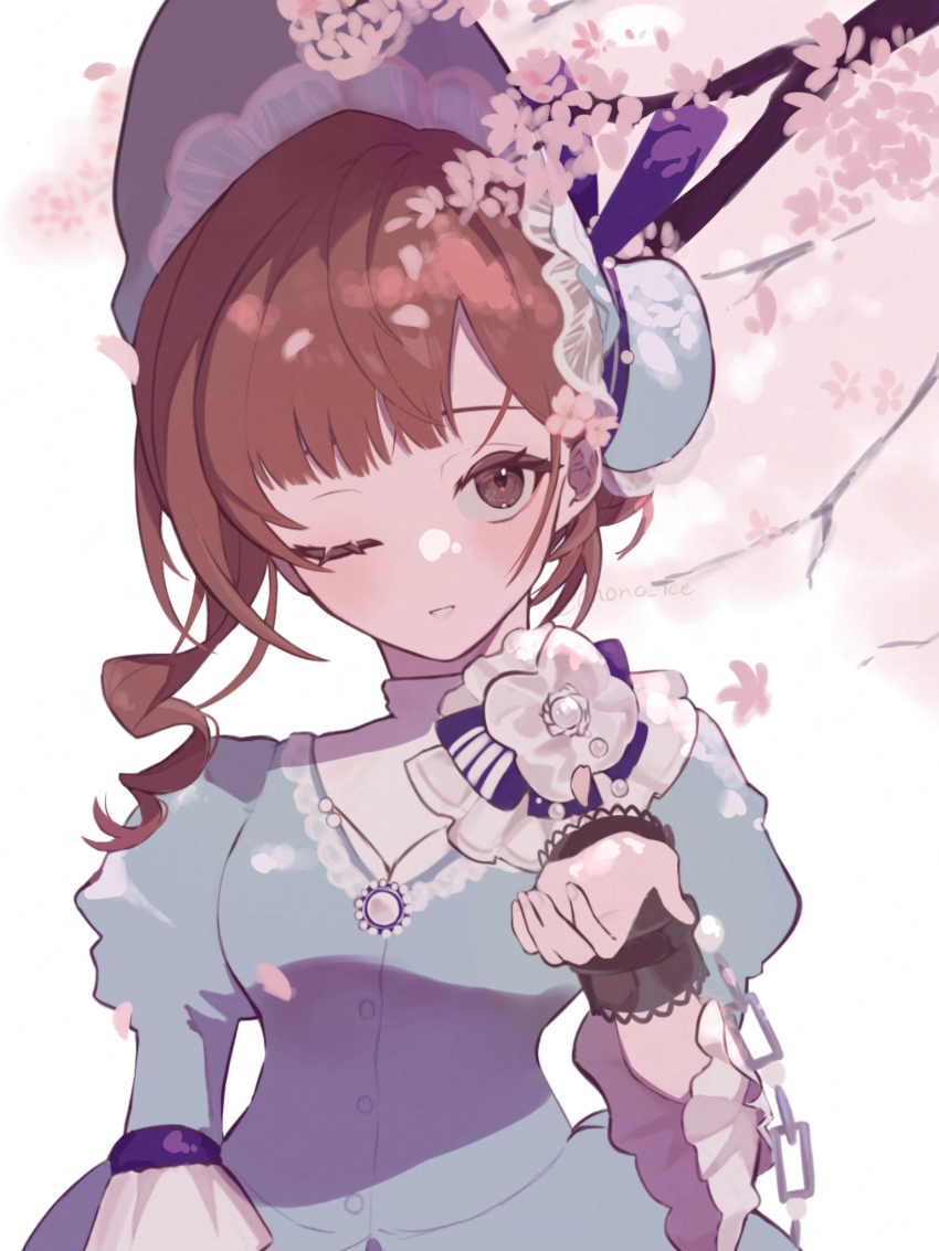 1girl aisu_(ahono_ice) blue_dress blue_hat bonnet branch brown_hair cuffs dress flower grin hair_flower hair_ornament hand_up hat highres juliet_sleeves long_sleeves looking_at_viewer official_alternate_costume one_eye_closed pink_flower puffy_sleeves reverse:1999 satsuki_(reverse:1999) short_hair smile solo upper_body white_background wrist_chain