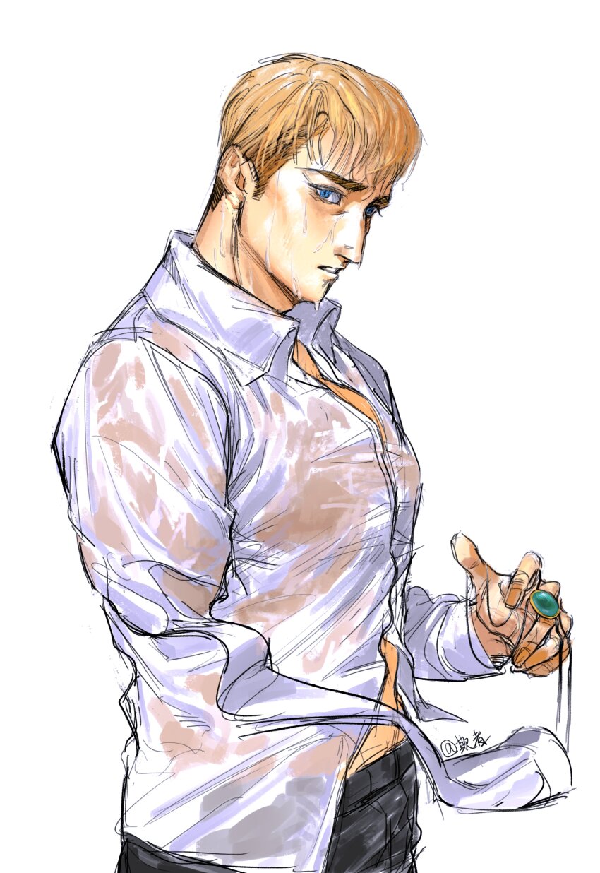 1boy absurdres black_pants blonde_hair blue_eyes bolo_tie chinese_commentary collared_shirt commentary_request cowboy_shot erwin_smith from_side gem green_gemstone highres holding holding_unworn_clothes looking_to_the_side male_focus midriff_peek pants qizheaaa shingeki_no_kyojin shirt sideburns sideways_glance simple_background solo wet wet_clothes wet_hair wet_shirt white_background white_shirt wing_collar