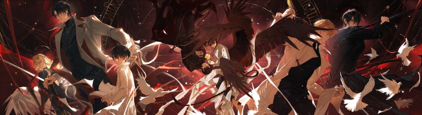 1girl 4boys absurdres arm_up bandaged_hand bandages bird black_coat black_eyes black_hair black_ribbon black_shirt black_wings blonde_hair book brown_eyes clockwork coat dove dual_persona falling_feathers feathered_wings feathers floating floating_object hand_on_own_chest highres holding holding_book holding_feather holding_sword holding_towel holding_weapon jacket jewelry kim_dokja lee_hakhyun light_particles multiple_boys multiple_wings necklace oldest_dream omniscient_reader&#039;s_viewpoint open_clothes open_jacket red_background red_eyes red_ribbon ribbon scar scar_on_face sheath shirt short_hair star_(symbol) sword tack_ka_2_0 too_many too_many_birds towel unsheathing upside-down uriel_(omniscient_reader&#039;s_viewpoint) weapon white_coat white_wings wings yoo_joonghyuk