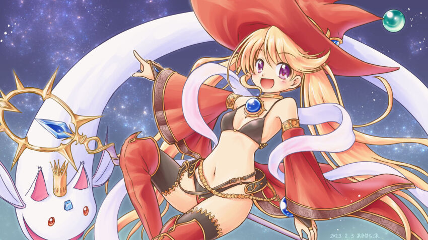 1girl akihara_ryou bare_shoulders bikini black_bikini black_thighhighs blonde_hair boots breasts familiar gem hagoromo hat iris_mysteria! ladis_(iris_mysteria!) long_hair midriff navel open_mouth purple_eyes red_boots shawl small_breasts smile swimsuit thighhighs twintails witch_hat