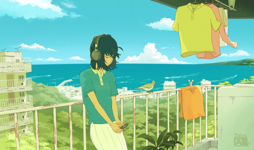 1girl against_railing apartment artist_name balcony bird black_hair blue_shirt blue_sky closed_eyes closed_mouth clothes_pin cloud commentary_request day digital_media_player drying drying_clothes headphones highres holding_digital_media_player horizon laundry laundry_pole leaning_back listening_to_music ocean original outdoors plant polo_shirt railing rust scenery shirt short_hair skirt sky standing summer taizo_(taizo_03) town white_skirt wide_shot