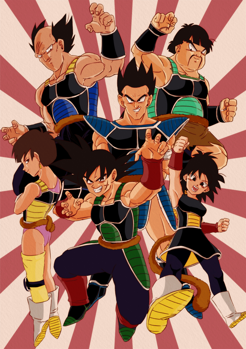 armpits bald bardock black_eyes black_hair boots brown_eyes brown_hair clenched_hands crossed_arms dragon_ball dragonball_z earrings facial_hair facial_scar fighting_stance floating gine grin highres jewelry leotard messy_hair monkey_tail muscular mustache open_mouth panbukin_(dragon_ball) pectoral_cleavage pectorals scar scar_on_cheek scar_on_face seripa short_hair skirt sleeveless smile tail toma_(dragon_ball) tondamanuke toteppo white_footwear wristband