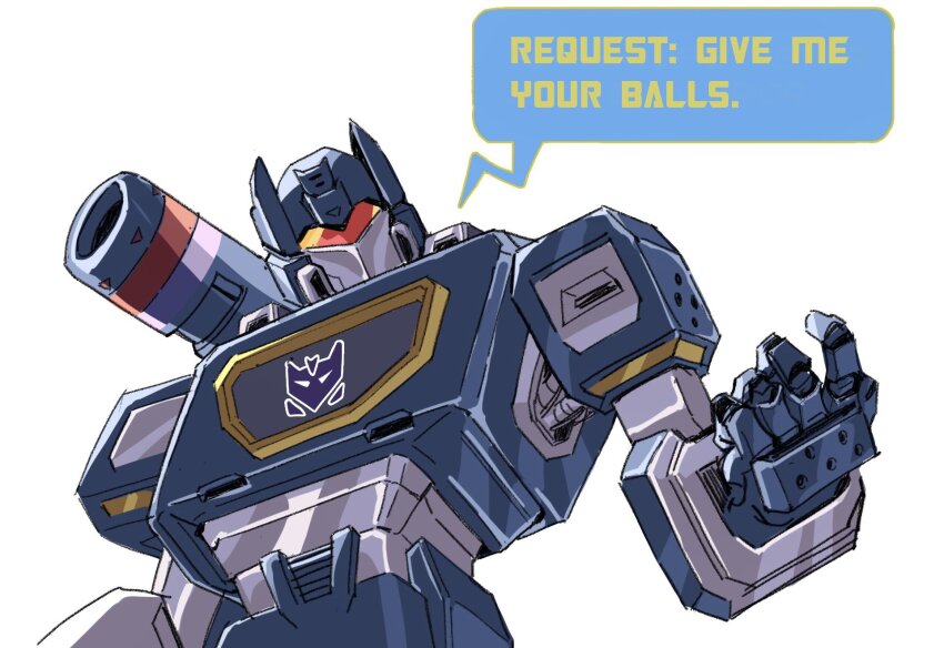 assault_visor commentary deception english_commentary english_text ewelina_bielska head_tilt highres looking_at_viewer mecha mecha_focus no_humans open_hand robot science_fiction shoulder_cannon solo soundwave_(transformers) speech_bubble transformers transformers:_generation_1 white_background