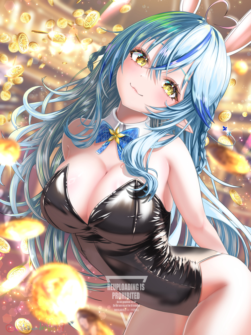 1girl :3 absurdres ahoge animal_ears bare_shoulders bent_over black_leotard blue_bow blue_bowtie blue_hair blush bow bowtie braid breasts cleavage closed_mouth coin detached_collar heart heart_ahoge highres hololive indoors large_breasts lens_flare leotard light_particles long_hair looking_at_viewer money playboy_bunny pointy_ears rabbit_ears smile solo strapless strapless_leotard twin_braids very_long_hair virtual_youtuber wakaunderblade7 yellow_eyes yukihana_lamy