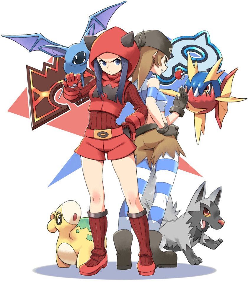10s 2girls back-to-back bandana black_hair blue_eyes blue_hair boots brown_eyes brown_hair carvanha crop_top fake_horns full_body gen_1_pokemon gen_3_pokemon gloves grin highres holding holding_poke_ball hood hoodie horned_headwear horns multiple_girls nintendo npc_trainer numel pantyhose pantyhose_under_shorts poke_ball pokemon pokemon_(creature) pokemon_oras poochyena red_gloves ribbed_sweater shirt short_hair shorts smile socks striped_clothes striped_legwear striped_pantyhose striped_shirt sweater team_aqua team_aqua_grunt team_aqua_grunt_(female) team_aqua_grunt_(oras) team_magma team_magma_grunt team_magma_grunt_(female) team_magma_grunt_(remake) throwing throwing_poke_ball tm_(hanamakisan) uniform zubat