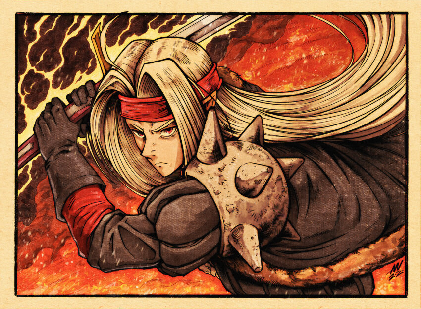 1boy adam_rufino armor black_cape black_gloves black_shirt border cape commentary dragon_quest dragon_quest_iv english_commentary fire floating_cape floating_hair fur-trimmed_cape fur_trim gloves headband highres holding holding_sword holding_weapon imminent_attack juliet_sleeves long_hair long_sleeves looking_at_viewer male_focus parted_bangs pauldrons pisaro pointy_ears puffy_sleeves red_eyes red_headband shirt shoulder_armor single_pauldron solo spiked_pauldrons sword upper_body weapon white_hair yellow_border