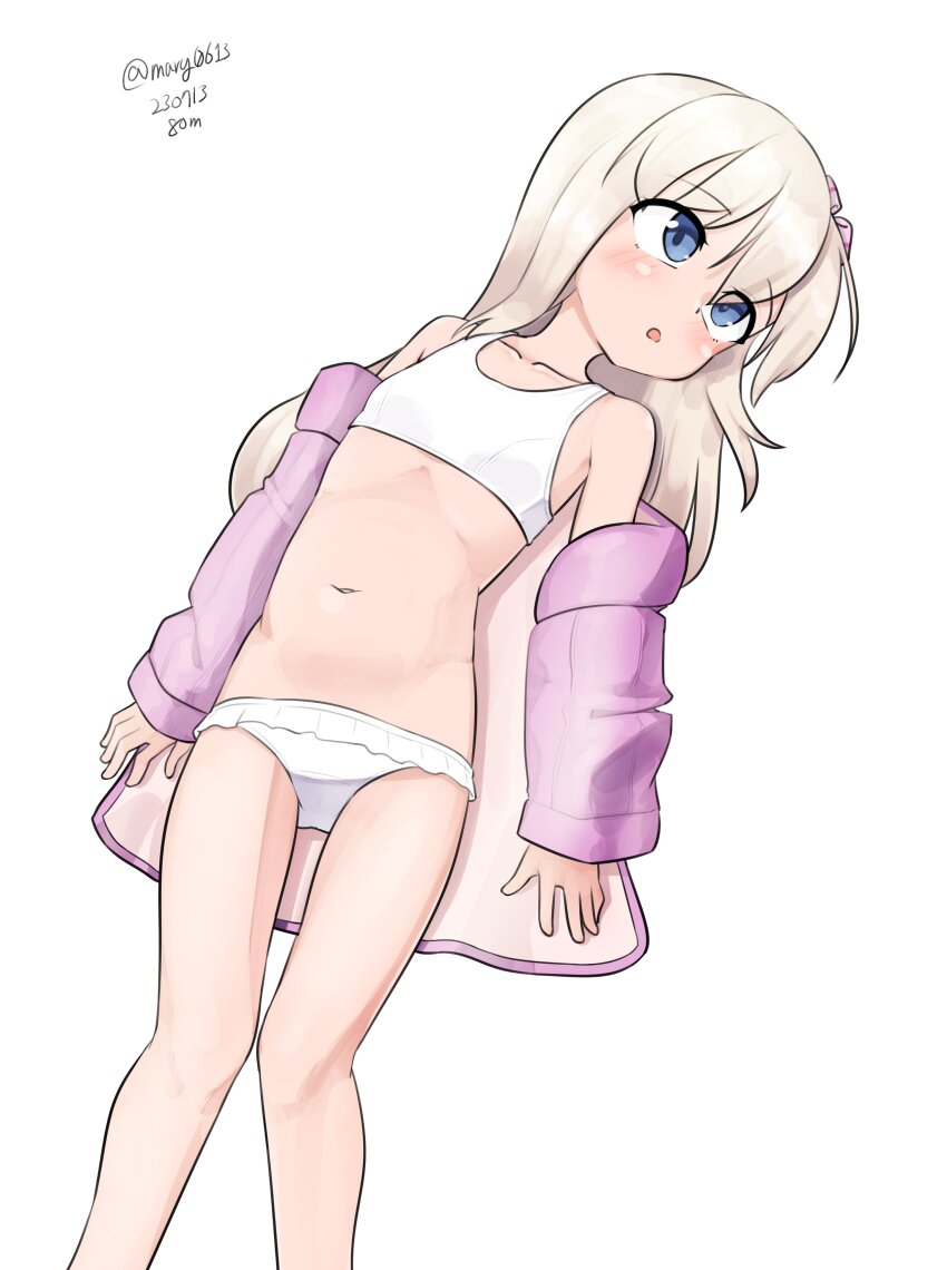 1girl absurdres bikini blonde_hair blue_eyes cosplay dated feet_out_of_frame highres jacket kantai_collection long_hair looking_to_the_side lying maru_(marg0613) one-hour_drawing_challenge open_clothes open_jacket pink_jacket ro-500_(kancolle) ro-500_(kancolle)_(cosplay) ro-500_(swimsuit)_(kancolle) simple_background solo swimsuit twitter_username u-511_(kancolle) white_background white_bikini