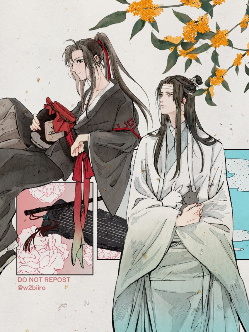 2boys ahoge animal animal_on_lap black_boots black_eyes black_hair black_hanfu black_rabbit_(animal) boots branch chinese_clothes closed_mouth falling_petals flower flute flute_tassel guqin hair_ribbon hanfu headband high_ponytail highres holding holding_animal holding_jar holding_rabbit inset instrument invisible_chair jar knee_up lan_wangji leaf long_hair long_sleeves looking_at_another looking_at_viewer male_focus modao_zushi multiple_boys on_lap petals ponytail rabbit red_ribbon red_sash ribbon robe sash sidelocks sitting smile tassel topknot twitter_username w2biiro wei_wuxian white_hanfu white_headband white_rabbit_(animal) wide_sleeves xiao_guan_(headdress) yellow_eyes yellow_flower