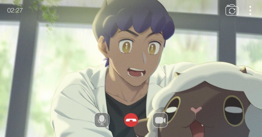 1boy black_shirt blurry blurry_background bright_pupils coat commentary creatures_(company) dark-skinned_male dark_skin game_freak gen_8_pokemon hop_(pokemon) indoors looking_down male_focus nintendo open_clothes open_coat open_mouth pokemon pokemon_(creature) pokemon_swsh purple_hair sankaku shirt short_hair sweatdrop symbol-only_commentary teeth timestamp tongue video_call white_coat wooloo yellow_eyes