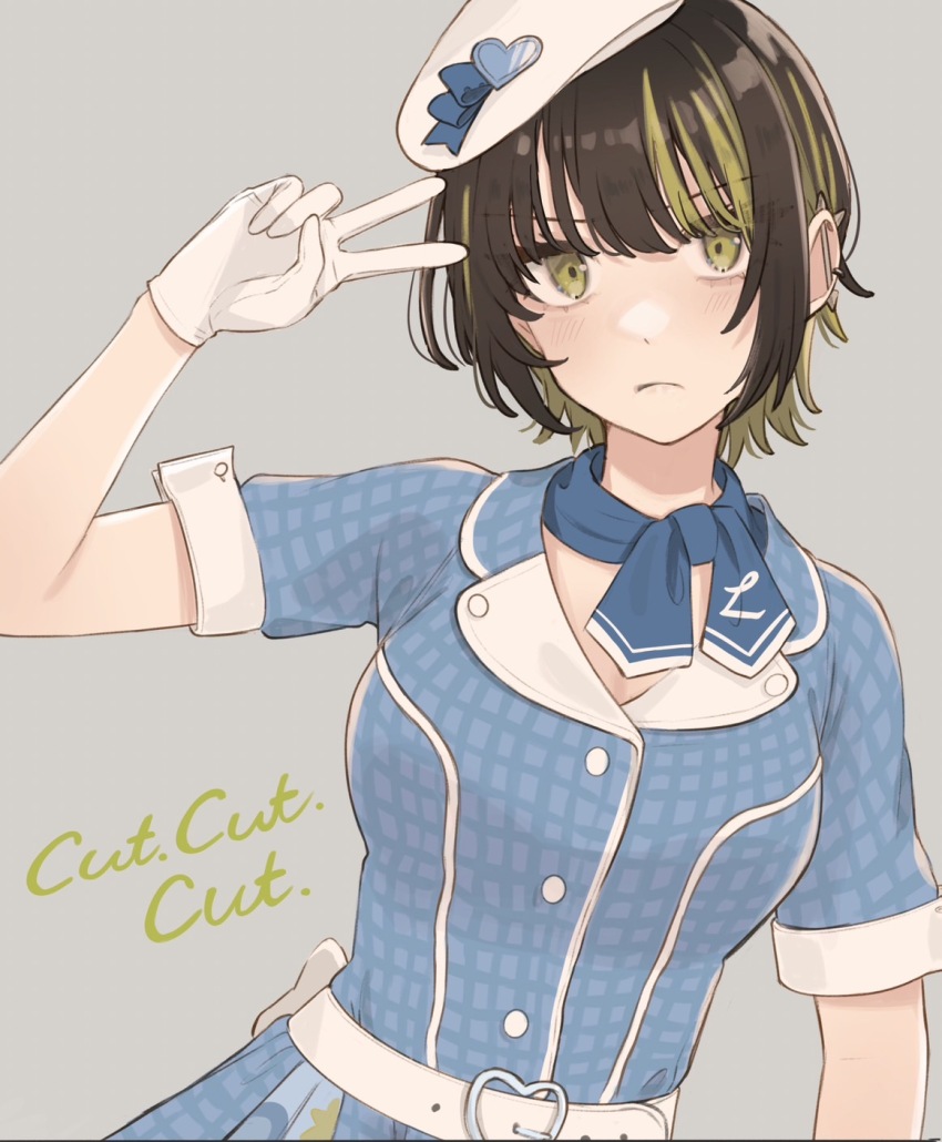1girl belt beret blonde_hair blue_dress blue_neckerchief blue_ribbon blush breasts brown_hair buckle buttons cleavage closed_mouth cut_cut_cut dress dutch_angle ear_bar ear_piercing frown furrowed_brow gloves grey_background hand_up hat hat_ornament head_tilt heart heart-shaped_buckle heart_hat_ornament highres idolmaster idolmaster_shiny_colors ikaruga_luca large_breasts looking_at_viewer multicolored_hair neckerchief piercing plaid_clothes plaid_dress ribbon short_hair short_sleeves sidelocks simple_background solo song_name spiked_ear_piercing tanupon thick_eyelashes upper_body v v-shaped_eyebrows white_belt white_gloves white_hat yellow_eyes