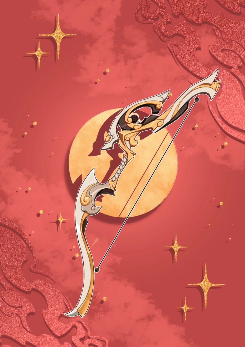 analogous_colors bow_(weapon) card_(medium) cloud colored_smoke commentary english_commentary feng_xin glitter gold highres monochrome no_humans object_focus outline red_background red_theme smoke sparkle tianguan_cifu verbartt weapon white_outline