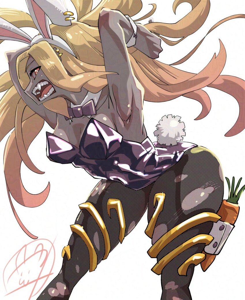 1girl adversarial_noise animal_ears armpits bare_shoulders blonde_hair bow bowtie carrot dark-skinned_female dark_skin ear_piercing earrings gravity_daze gravity_daze_2 highres jewelry kitten_(gravity_daze) leotard long_hair looking_at_viewer piercing playboy_bunny pungter rabbit_ears rabbit_tail red_eyes scarf simple_background solo strapless tail teeth white_background wrist_cuffs