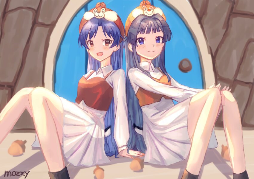 absurdres acorn artist_name black_hair blue_eyes blue_hair blush brown_eyes closed_mouth door dress hat highres idolmaster idolmaster_(classic) idolmaster_million_live! kisaragi_chihaya long_hair long_sleeves looking_at_viewer mogami_shizuka mozzy0v0y open_mouth sitting smile stone_wall white_dress