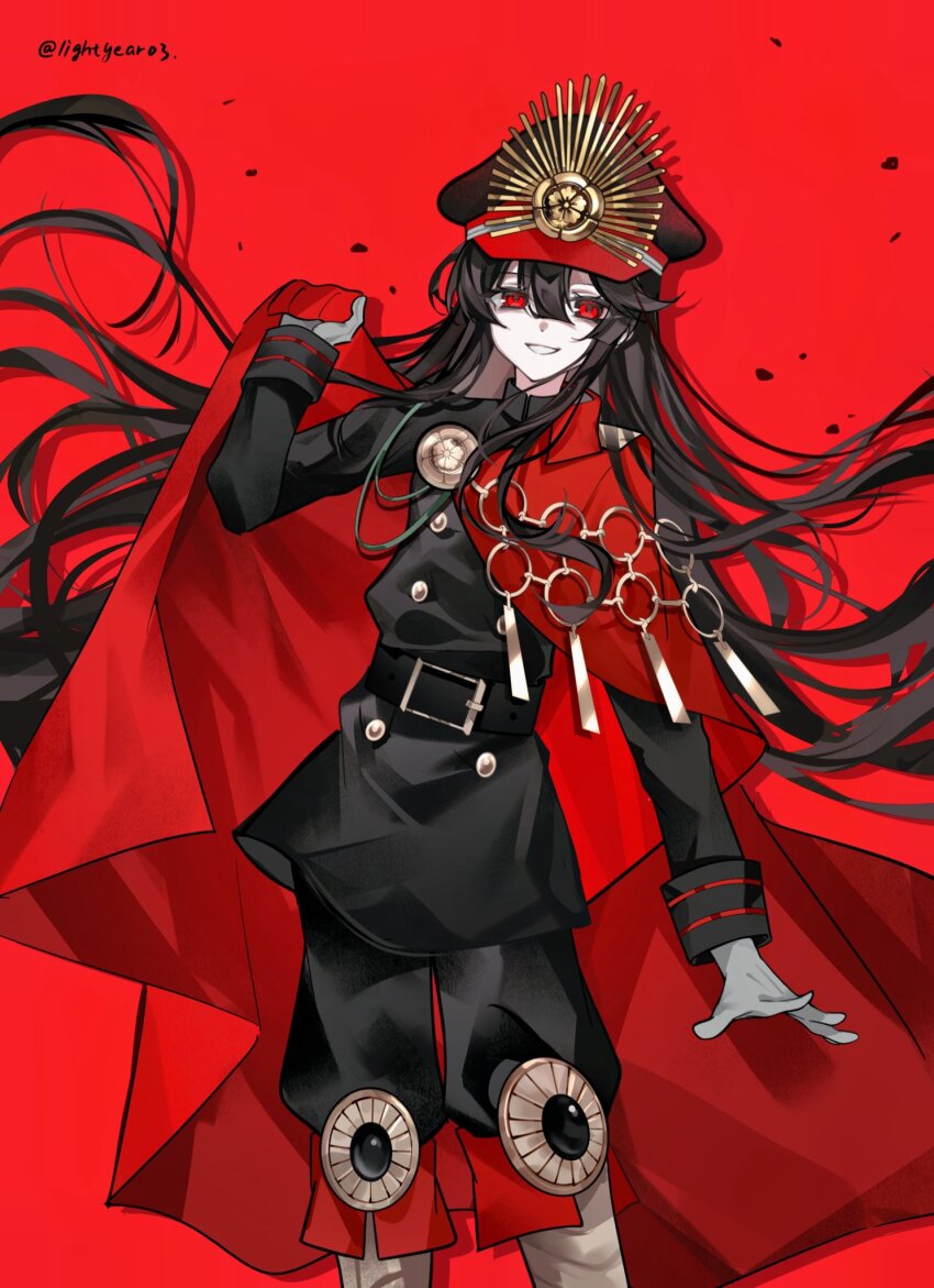 1girl belt black_hair black_shirt boots cape fate/grand_order fate_(series) gloves highres long_hair looking_at_viewer military_uniform oda_nobunaga_(fate) oda_nobunaga_(koha-ace) parted_lips red_cape red_eyes shirt solo twitter_username white_gloves xixing_chun