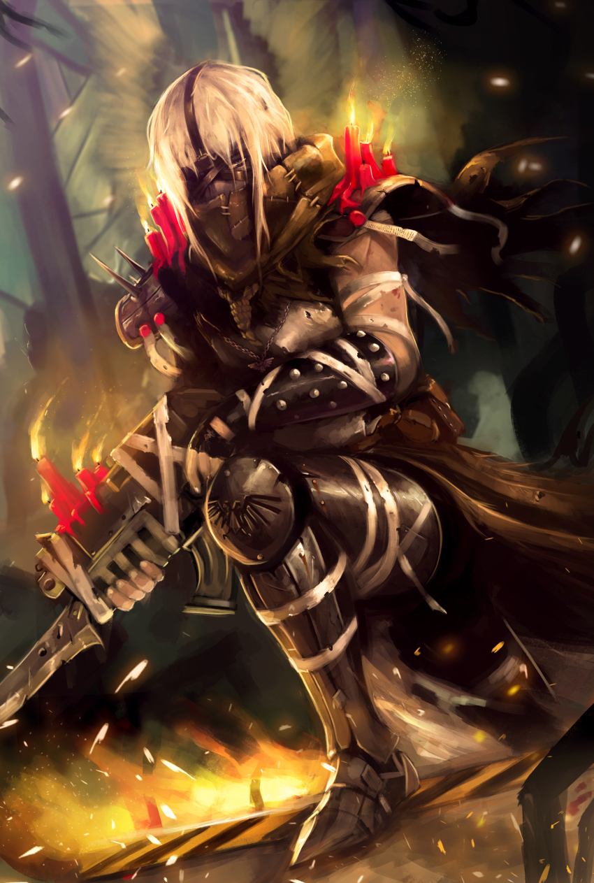 absurdres armor black_gloves bolter boots candle character_request commentary fingerless_gloves fingernails fire fire gender_request gloves gun highres holding holding_gun holding_weapon mothman_(the_m0thman) nail_polish purity_seal shoulder_armor solo spikes vambraces warhammer_40k weapon white_hair white_nails