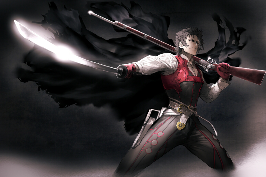 1boy belt brown_eyes brown_hair buckle cloak closed_eyes dual_wielding fate/grand_order fate_(series) fighting_stance gloves gun hijikata_toshizou_(fate) holding holding_gun holding_sword holding_weapon holster kasei_yukimitsu katana male_focus over_shoulder pixiv_fate/grand_order_contest_2 red_gloves rifle solo sword torn_clothes weapon weapon_over_shoulder white_belt