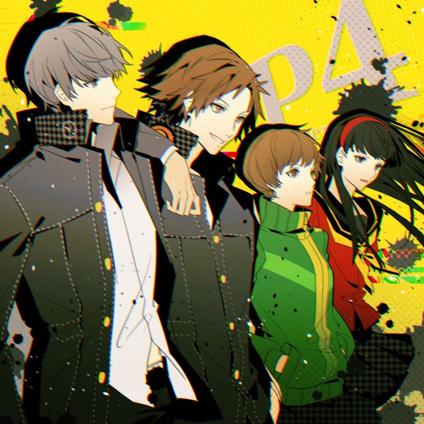 2boys 2girls amagi_yukiko black_hair black_jacket black_sailor_collar black_skirt brown_eyes brown_hair commentary_request copyright_name green_jacket grey_eyes grey_hair hairband hanamura_yousuke highres jacket lluyss long_hair multiple_boys multiple_girls narukami_yu neckerchief persona persona_4 red_hairband red_shirt sailor_collar satonaka_chie school_uniform shirt short_hair skirt white_shirt yasogami_school_uniform yellow_background yellow_neckerchief