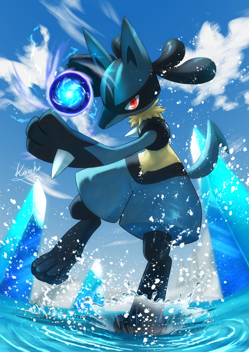 absurdres cloud commentary_request day energy_ball full_body gen_4_pokemon highres kaichi_(tomiyu25) looking_at_viewer lucario nintendo outdoors pokemon pokemon_(creature) pokemon_focus red_eyes ripples signature sky solo splashing water yellow_fur