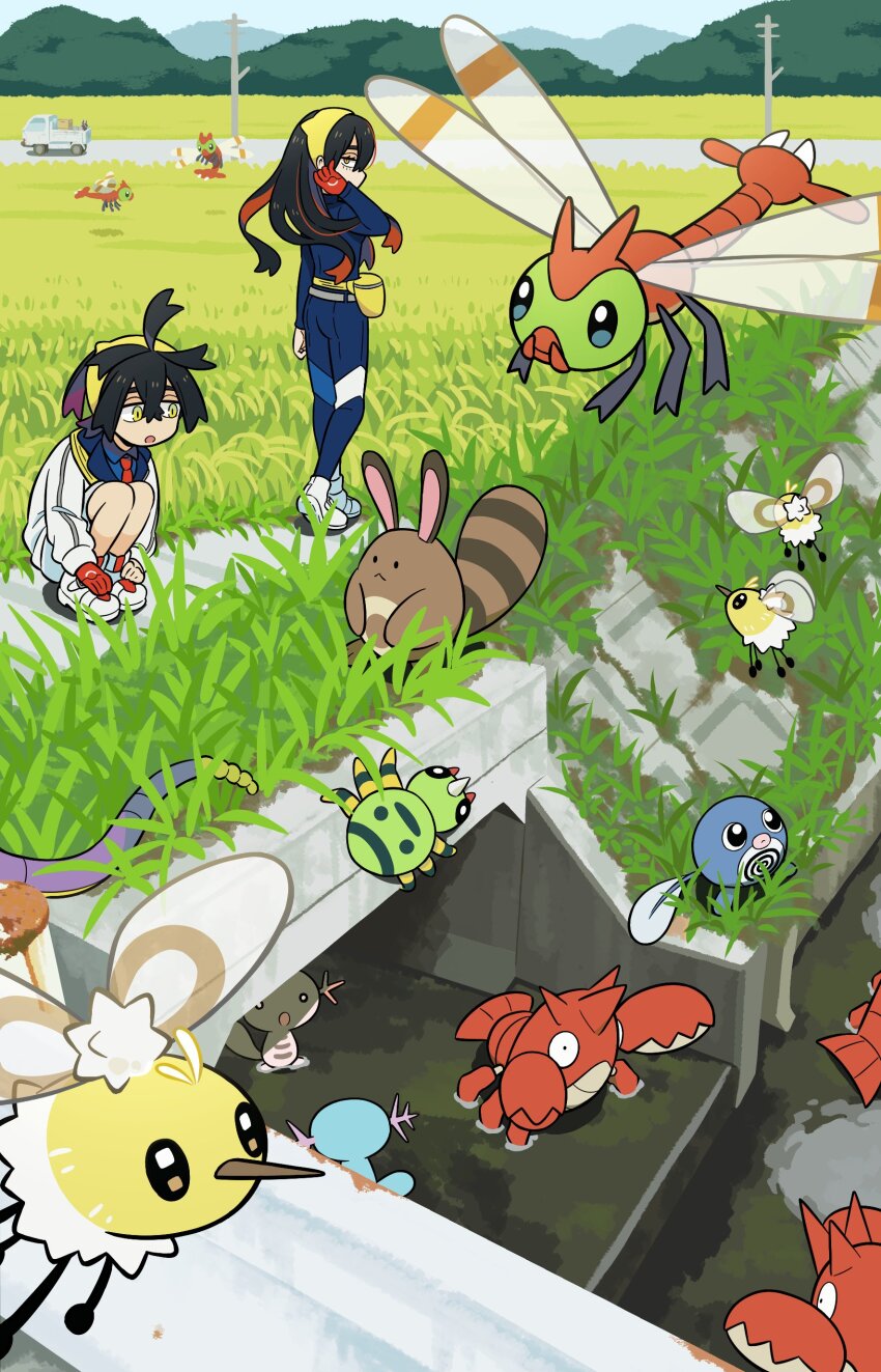 ._. 1boy 1girl absurdres ahoge alternate_color animal_ears black_hair blue_gakuran blue_pants blue_shirt blue_skin blueberry_academy_school_uniform brother_and_sister brown_fur bug carmine_(pokemon) colored_inner_hair colored_skin corphish crossed_bangs crustacean drainpipe ekans fanny_pack flying gen_1_pokemon gen_2_pokemon gen_3_pokemon gloves grass hair_between_eyes hairband hand_in_own_hair hand_up highres horns insect_wings jacket kei_truck kieran_(pokemon) long_hair long_sleeves looking_at_another motor_vehicle multicolored_hair necktie nintendo official_alternate_color open_mouth outdoors pants pickup_truck pink-haired_nun_(404notfound) pokemon pokemon_sv poliwag proboscis purple_hair rabbit_ears red_gloves red_necktie road scenery school_uniform sentret shiny_pokemon shirt shorts shuan_0420 siblings single_glove single_horn slit_pupils solid_circle_eyes spinarak squatting striped_tail tail triple_ahoge truck two-tone_hair utility_pole white_jacket white_shorts wings wooper yanma yellow_bag yellow_eyes yellow_fur yellow_hairband