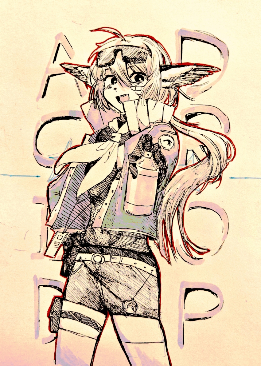 1girl :d absurdres aciddrop_(arknights) ahoge animal_ears arknights bandaid bandaid_on_cheek bandaid_on_face belt character_name chinese_commentary commentary_request cowboy_shot eyewear_on_head gloves hair_between_eyes hatching_(texture) heyiweier highres holding holding_spray_can linear_hatching long_hair looking_at_viewer neckerchief open_mouth outline red_outline shirt shorts smile solo spray_can standing thigh_strap thighhighs traditional_media
