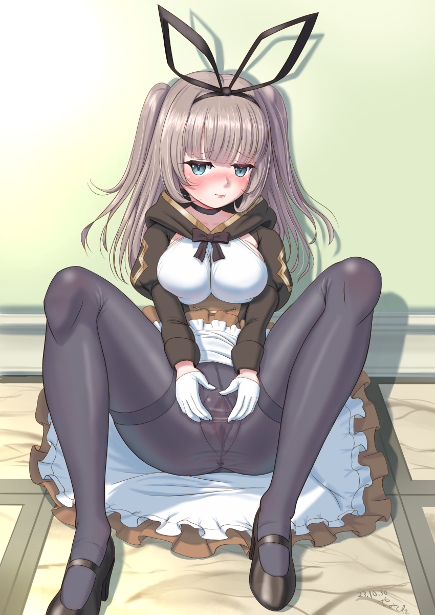 1girl absurdres blunt_bangs blush breasts brown_hair closed_mouth commentary_request girls_creation headband highres long_hair looking_at_viewer medium_breasts no_panties pantyhose pussy shoes simple_background sitting solo spread_pussy spreading_own_pussy yamikota