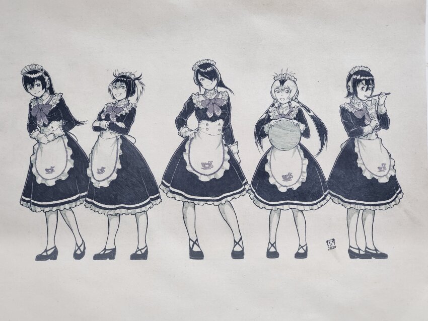 5girls absurdres alternate_costume apron bow bowtie collar dress eating emperor_penguin_(kemono_friends) enmaided food frilled_apron frilled_collar frilled_dress frills gentoo_penguin_(kemono_friends) hair_between_eyes hair_over_one_eye hand_on_hilt headphones high_collar highres humboldt_penguin_(kemono_friends) japari_symbol kemono_friends kemono_friends_3 long_hair long_sleeves maid maid_headdress matching_outfits monochrome multiple_girls official_alternate_costume pandacron parfait pen_(medium) penguin_girl penguins_performance_project_(kemono_friends) rockhopper_penguin_(kemono_friends) royal_penguin_(kemono_friends) short_hair short_twintails sidelocks sleeve_cuffs traditional_media tray twintails