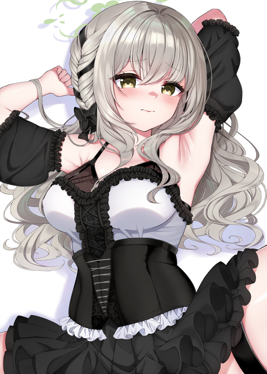 1girl absurdres armpits bare_shoulders black_skirt blue_archive blush braid breasts detached_sleeves frills grey_hair highres large_breasts long_hair looking_at_viewer lying miyo_(blue_archive) on_back sen_chan_(akane1023) skirt solo yellow_eyes