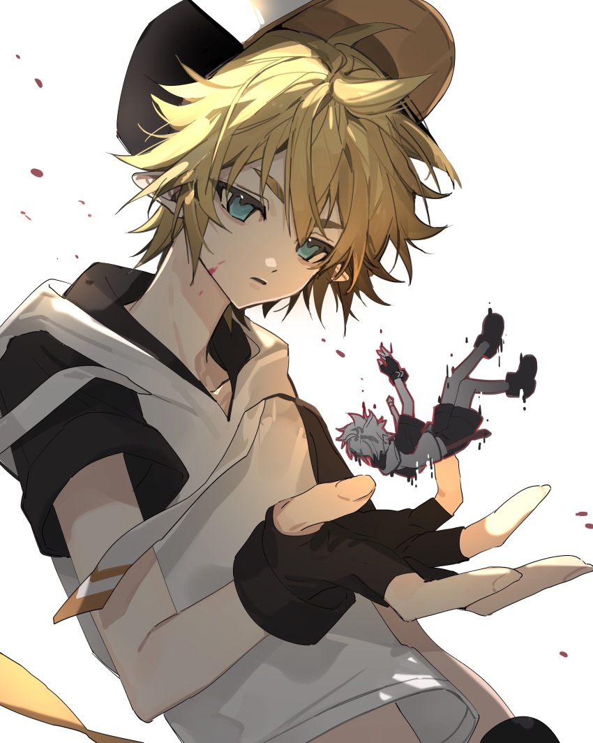 1boy absurdres aotu_world black_gloves blonde_hair blood blood_on_face blue_eyes chinese_commentary falling fingerless_gloves gloves hair_between_eyes hat highres hood hood_down hoodie kayu_(yukagoin) king_(aotu_world) looking_at_viewer male_focus midriff mini_person miniboy multicolored_hoodie navel parted_lips pointy_ears shirt short_hair short_sleeves shorts simple_background spiked_hair upper_body white_background white_hoodie