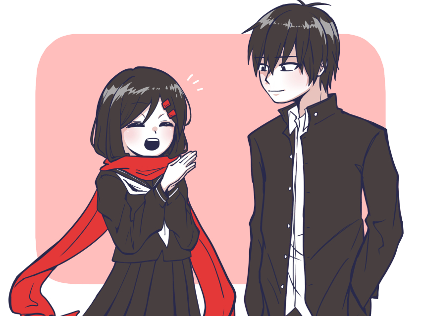 1boy 1girl black_eyes black_hair black_jacket black_sailor_collar black_serafuku black_shirt border buttons closed_eyes closed_mouth collared_shirt commentary couple enpera facing_ahead gakuran hair_between_eyes hair_ornament hairclip hand_in_pocket highres jacket kagerou_project kisaragi_shintarou limited_palette long_sleeves looking_at_another m_aoiro_daisuki neckerchief open_mouth outside_border pink_background red_scarf rounded_corners sailor_collar scarf school_uniform serafuku shirt short_hair simple_background tateyama_ayano teeth unbuttoned upper_body upper_teeth_only white_border white_neckerchief white_shirt winter_uniform