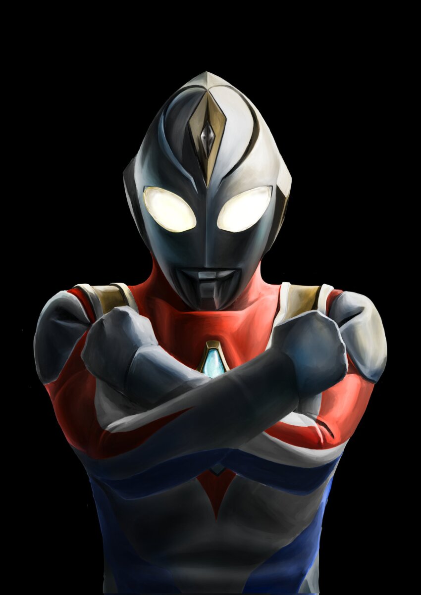 1boy alien armor black_background blue_skin breastplate clenched_hands color_timer colored_skin commentary compound_eyes crossed_wrists dorsal_fin forehead_jewel gattyo gem glowing glowing_eyes hands_up hashtag-only_commentary highres looking_down male_focus multicolored_skin red_skin silver_skin simple_background solo standing tokusatsu transformation ultra_series ultraman_dyna ultraman_dyna_(flash_type) ultraman_dyna_(series) upper_body white_eyes wrinkled_skin