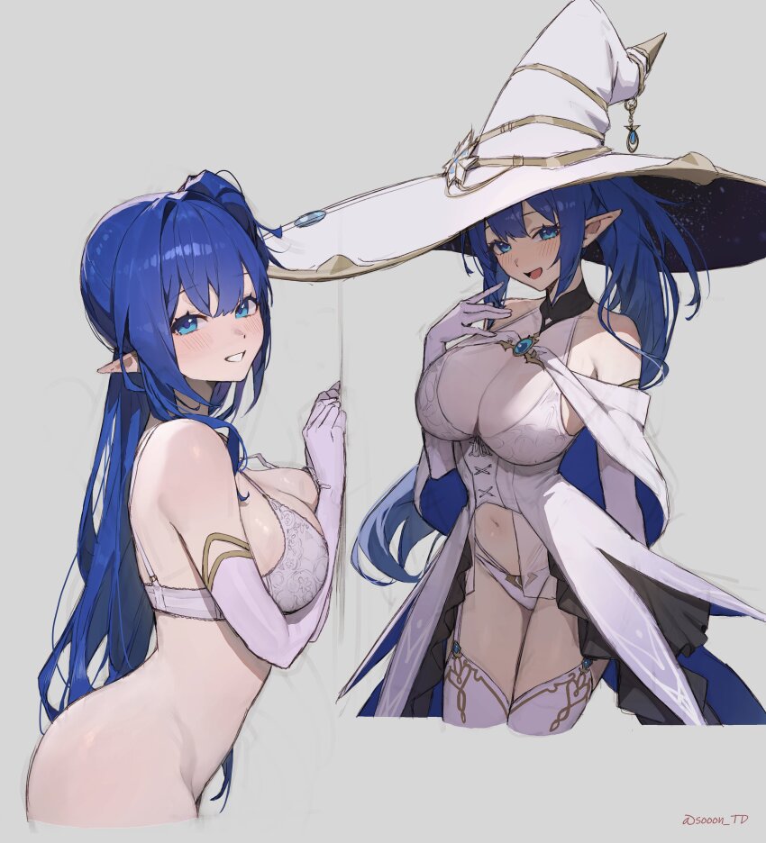 1girl :d absurdres alternate_ears alyssa_(specktech) alyssa_(witch)_(specktech) artist_name bare_shoulders blue_eyes blue_hair blush bottomless breasts clothing_cutout elbow_gloves from_side gloves grey_background grin hat highres large_breasts long_hair looking_at_viewer multiple_views navel navel_cutout open_mouth original pointy_ears ponytail second-party_source simple_background smile sooon standing thighhighs tongue twitter_username watermark white_gloves white_hat white_thighhighs witch_hat