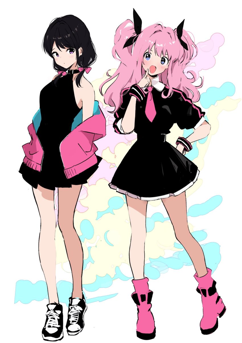 2girls alternate_costume alternate_hairstyle black_dress black_hair black_ribbon blue_eyes blush boots collared_dress dress frilled_dress frills hair_between_eyes hair_intakes hair_ribbon hand_on_own_cheek hand_on_own_face hand_on_own_hip highres jacket kajino_(aosansai) long_hair monochrome multiple_girls necktie nemoto_hina off_shoulder open_mouth pink_boots pink_hair pink_jacket pink_necktie pink_ribbon pleated_dress purple_eyes ribbon shirt shoes short_dress smile smoke sneakers tamura_yuri track_jacket twintails watashi_ga_motenai_no_wa_dou_kangaetemo_omaera_ga_warui! wrist_cuffs
