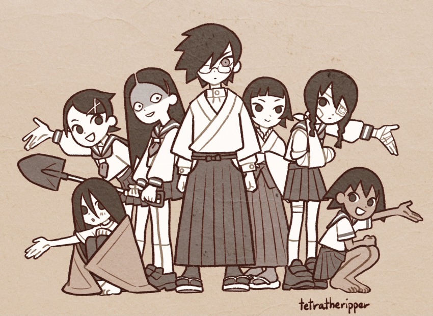 1boy 6+girls :d arm_sling arm_up bandage_on_thigh bandage_over_one_eye bandages black_hair black_socks blunt_bangs commentary cross_hair_ornament dark-skinned_female dark_skin english_text eyepatch faux_traditional_media frilled_kimono frills full_body fuura_kafuka geta glasses hair_between_eyes hair_ornament hair_over_one_eye hakama highres holding holding_shovel itoshiki_nozomu japanese_clothes kimono kitsu_chiri kobushi_abiru komori_kiri long_hair monochrome multiple_girls open_mouth paper_texture parted_hair sayonara_zetsubou_sensei school_uniform sekiutsu_maria_tarou sepia serafuku shaded_face shirt short_hair shosei shovel skirt smile socks squatting standing t-shirt teacher_and_student tetra_(tetratheripper) tsunetsuki_matoi watermark white_socks wrapped_in_blanket