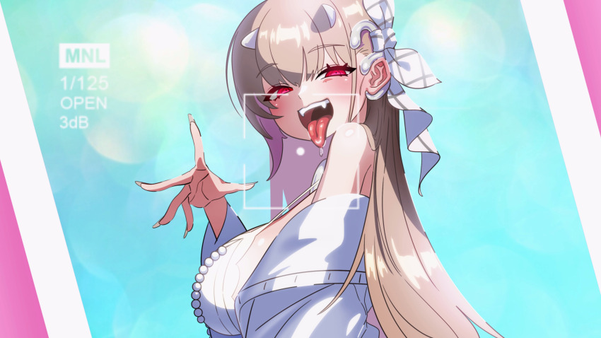 1girl absurdres bare_shoulders bikini blue_background blush breasts cleavage day goddess_of_victory:_nikke grapeanime highres horns large_breasts long_hair looking_at_viewer official_alternate_costume open_mouth pink_eyes red_eyes sky smile solo swimsuit viper_(nikke) viper_(shine_of_love)_(nikke)