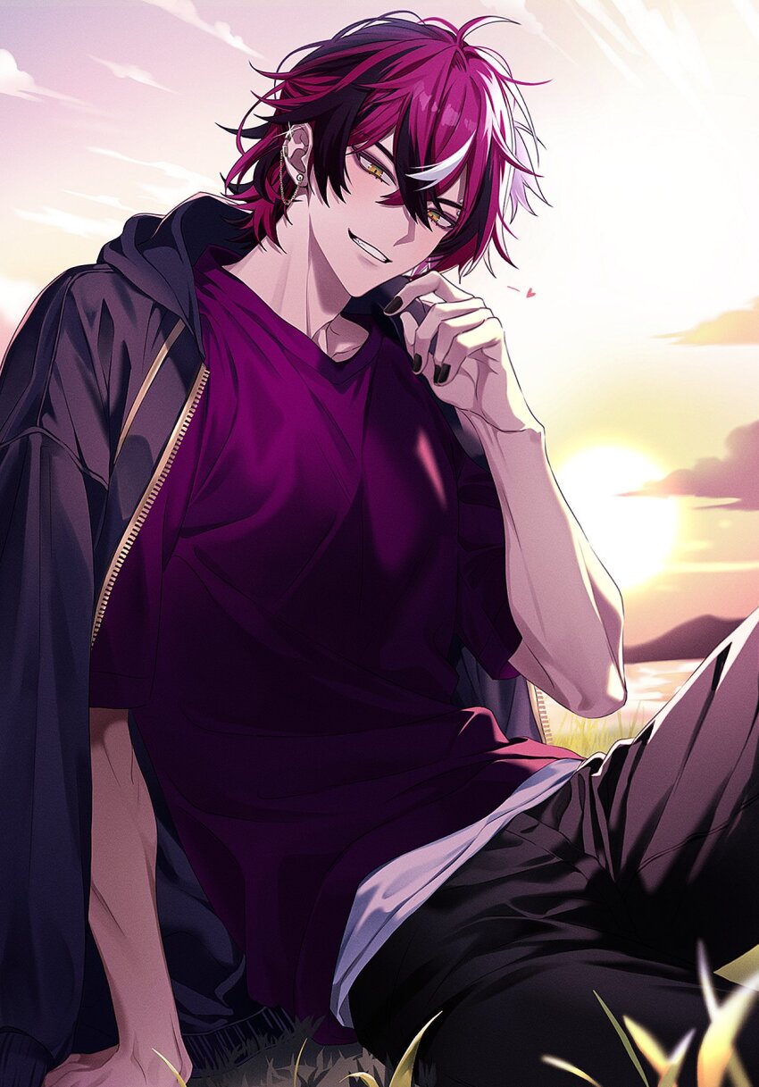 1boy arm_up black_hair black_jacket black_nails black_pants cloud crew_neck crossed_bangs doppio_dropscythe ear_chain earrings fingernails grass grin hair_behind_ear hair_between_eyes heart highres hood hood_down hooded_jacket jacket jacket_on_shoulders jewelry male_focus multicolored_hair nail_polish nijisanji nijisanji_en outdoors owo_renren pants piercing purple_hair purple_shirt shirt short_sleeves sitting sky slit_pupils smile solo sparkle sunset t-shirt teeth unzipped virtual_youtuber white_hair yellow_eyes zipper