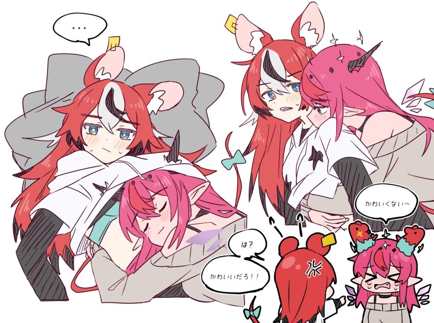 &gt;_&lt; animal_ears black_hair blue_eyes blush bra hair_ornament hakos_baelz highres hololive hololive_english horns hug irys_(hololive) long_hair mouse_ears mouse_girl mouse_tail mr._squeaks_(hakos_baelz) multicolored_hair multiple_girls off-shoulder_sweater off_shoulder pillow pointy_ears ramphastostella red_hair shirt streaked_hair sweater tail tears torn_clothes translation_request underwear virtual_youtuber white_hair yuri